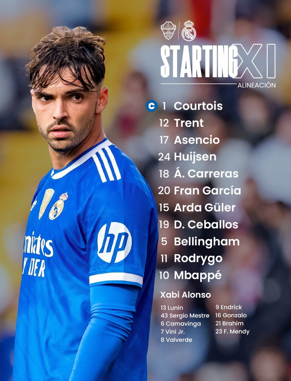 Alineaciones confirmadas del Elche - Real Madrid ¡Vinicius Jr y Valverde suplentes!