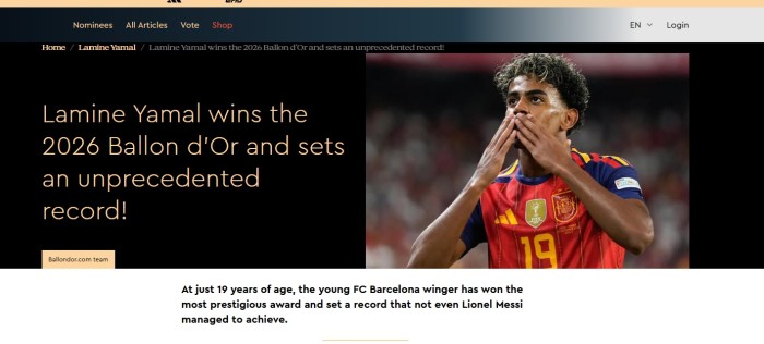 La web del Balón del oro da como ganador a Lamine Yamal y luego lo borra